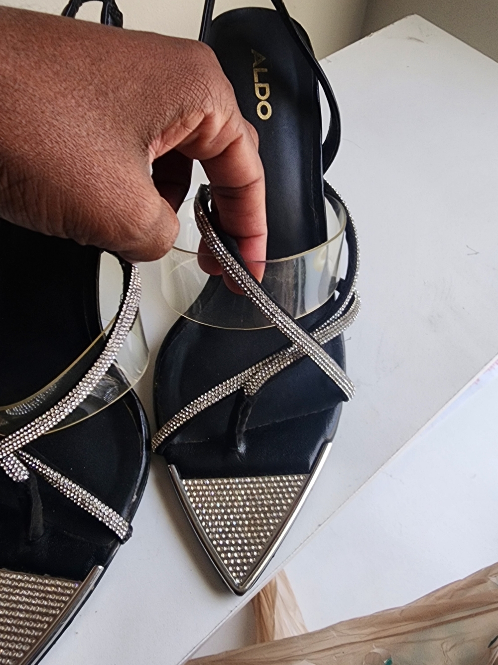 ALDO Black Rhinestone & Clear Strap Pointed-Toe Heels